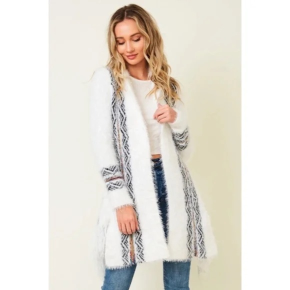 White Fuzzy Eyelash Western Boho Fringe Rainbow Aztec Pattern Open Knit Cardigan - Picture 3 of 5